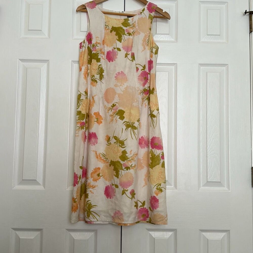 J. Jill 100% Linen Sleeveless Floral Midi Dress Pink, Yellow, Green Size 6